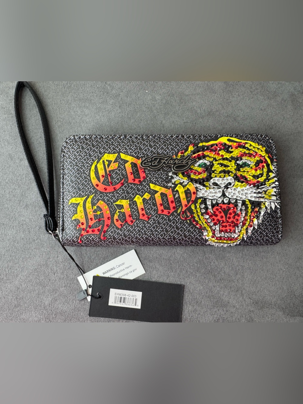 Ed Hardy Rhinestone Zip Around Wallet NWT Bling Tiger Wristlet Large Organizer